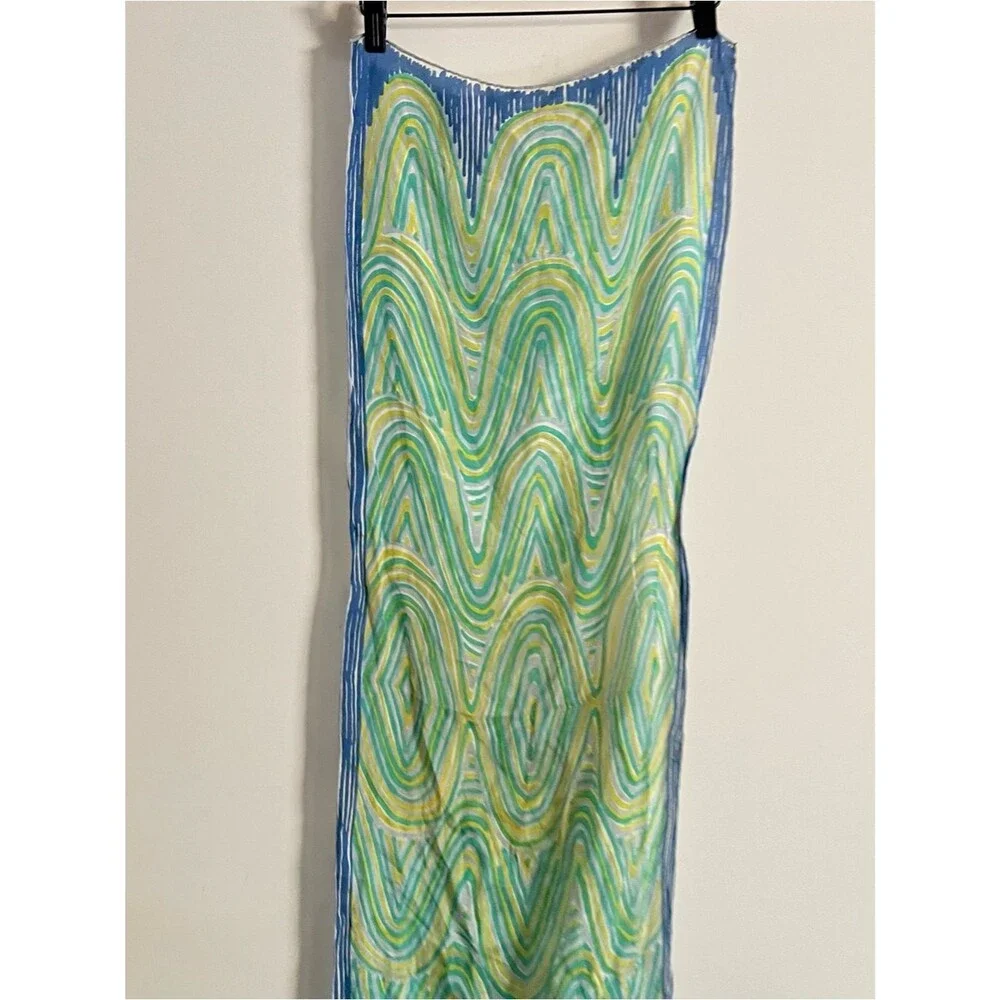 Vintage Veratepe Silk Rayon Abstract Wave Scarf Handmade in Japan Blue Green Ret